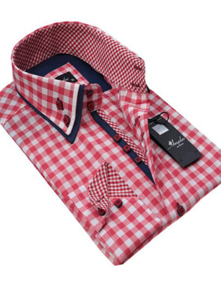 Red White Checkered Mens Slim Fit Designer Dress Shirt - tailored Cotton Shirts for Work and - Amedeo Exclusive