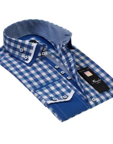 Blue White Checkers Mens Slim Fit Designer Dress Shirt - tailored Cotton Shirts for Work and - Amedeo Exclusive