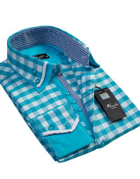 Light Blue White Check Mens Slim Fit Designer Dress Shirt - tailored Cotton Shirts for Work and - Amedeo Exclusive