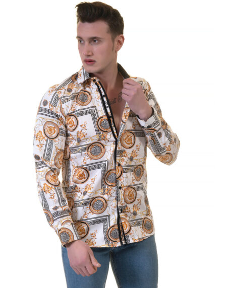 White And Gold Medusa Greek Key Mens Slim Fit Designer Dress Shirt   tailored Cotton Shirts for Work and Casual Wear  Amedeo Exclusive