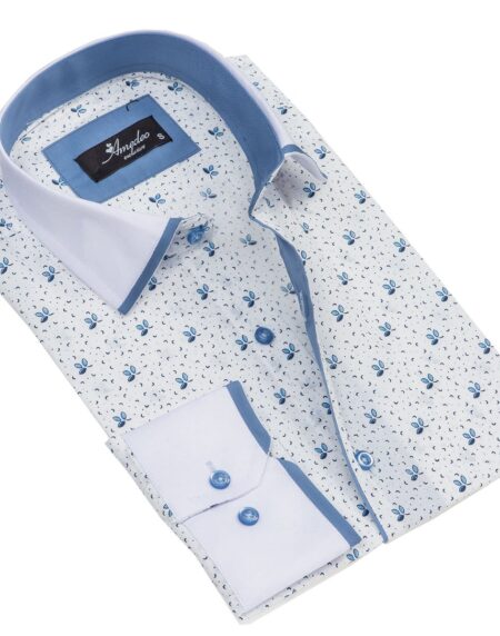 White & Light Blue Mens Slim Fit Designer Dress Shirt - tailored Cotton Shirts for Work and Casual - Amedeo Exclusive