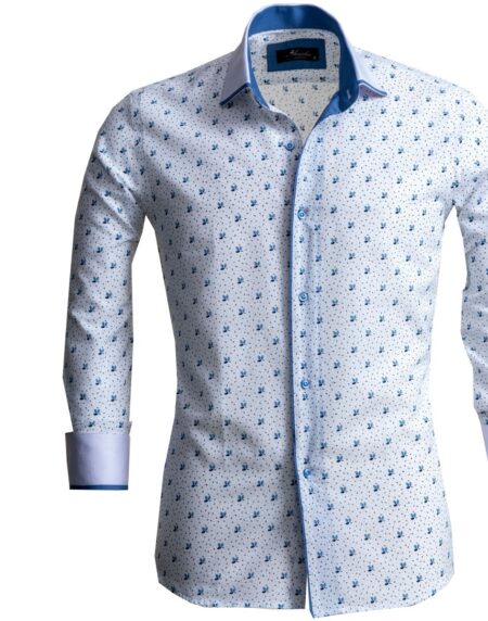 White & Light Blue Mens Slim Fit Designer Dress Shirt - tailored Cotton Shirts for Work and Casual - Amedeo Exclusive