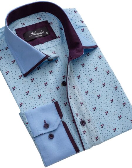Light Blue & Purple Mens Slim Fit Designer Dress Shirt - tailored Cotton Shirts for Work and - Amedeo Exclusive
