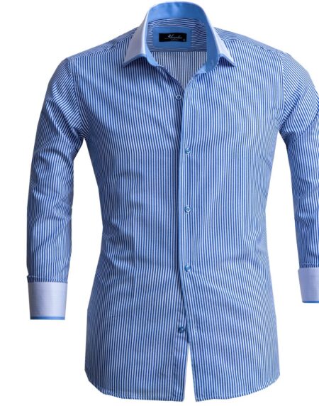 White & Blue Lines Mens Slim Fit Designer Dress Shirt - tailored Cotton Shirts for Work and Casual - Amedeo Exclusive