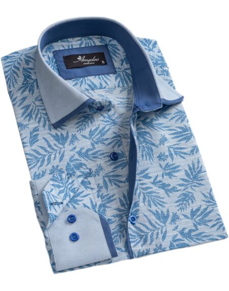Blueish Grey Floral Mens Slim Fit Designer Dress Shirt - tailored Cotton Shirts for Work and Casual Wear - Amedeo Exclusive