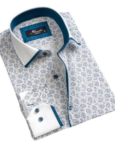 White Blue Paisley Mens Slim Fit Designer Dress Shirt - tailored Cotton Shirts for Work and Casual Wear - Amedeo Exclusive