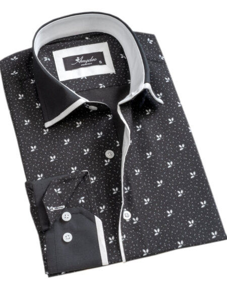 Black White Floral Mens Slim Fit Designer Dress Shirt - tailored Cotton Shirts for Work and Casual Wear - Amedeo Exclusive