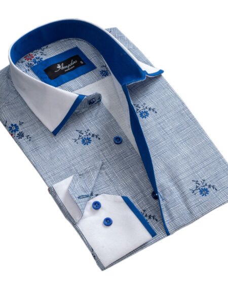 Light Sky Blue Floral Mens Slim Fit Designer Dress Shirt - tailored Cotton Shirts for Work and Casual Wear - Amedeo Exclusive