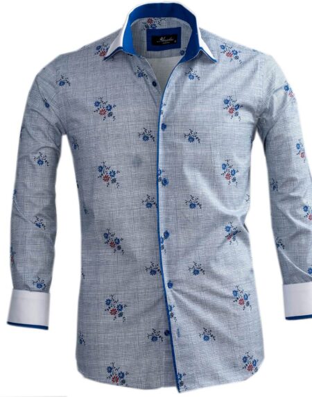 Light Sky Blue Floral Mens Slim Fit Designer Dress Shirt - tailored Cotton Shirts for Work and Casual Wear - Amedeo Exclusive