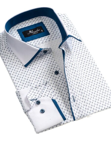 White & Blue Mens Slim Fit Designer Dress Shirt - tailored Cotton Shirts for Work and Casual Wear - Amedeo Exclusive