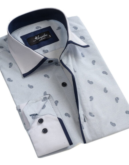 White Light Blue Paisley Mens Slim Fit Designer Dress Shirt - tailored Cotton Shirts for Work and Casual Wear - Amedeo Exclusive