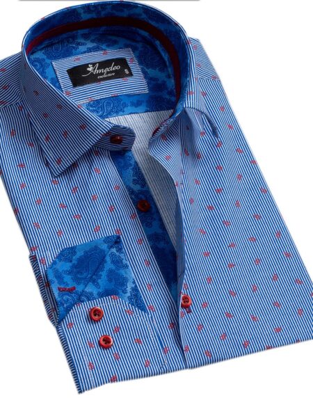 Striped Blue & White Mens Slim Fit Designer Dress Shirt - tailored Cotton Shirts for Work and Casual Wear - Amedeo Exclusive