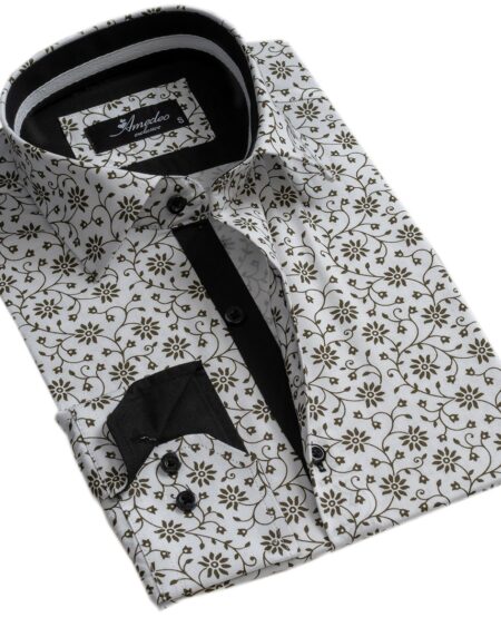 White Green Floral Mens Slim Fit Designer Dress Shirt - tailored Cotton Shirts for Work and Casual Wear - Amedeo Exclusive