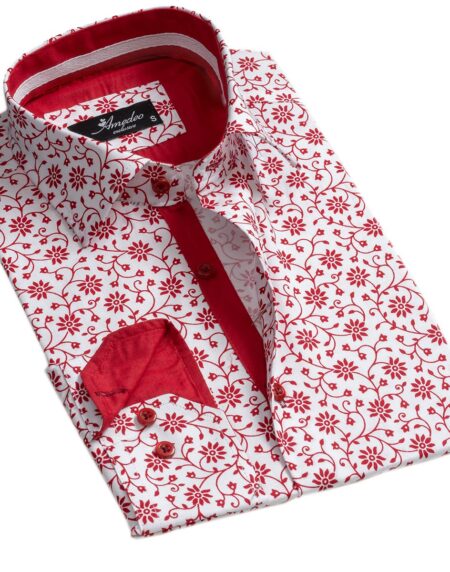 White Red Floral Mens Slim Fit Designer Dress Shirt - tailored Cotton Shirts for Work and Casual Wear - Amedeo Exclusive