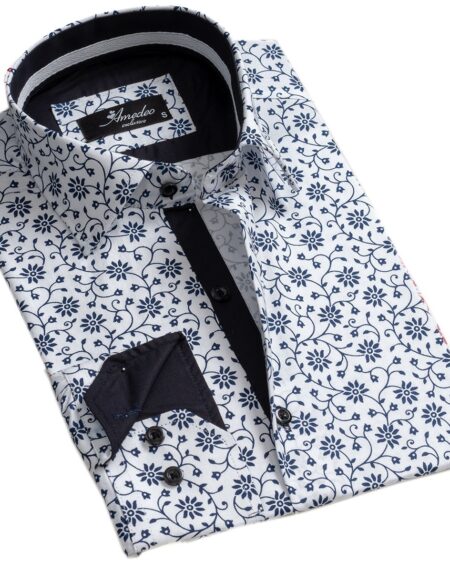 White Navy Blue Floral Mens Slim Fit Designer Dress Shirt - tailored Cotton Shirts for Work and Casual Wear - Amedeo Exclusive