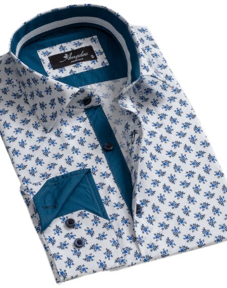 White Blue Floral Mens Slim Fit Designer Dress Shirt - tailored Cotton Shirts for Work and Casual Wear - Amedeo Exclusive