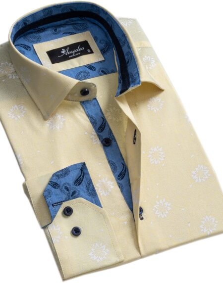 Light Yellow Floral Mens Slim Fit Designer Dress Shirt - tailored Cotton Shirts for Work and Casual Wear - Amedeo Exclusive