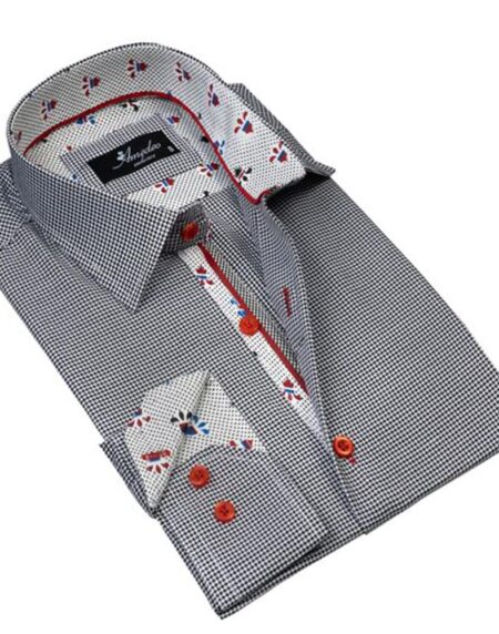 Black White Herringbone Mens Slim Fit Designer Dress Shirt - tailored Cotton Shirts for Work and Casual Wear - Amedeo Exclusive