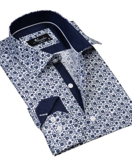 White with Blue Floral Mens Slim Fit Designer Dress Shirt - tailored Cotton Shirts for Work and Casual Wear - Amedeo Exclusive