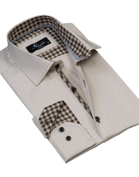 Cream with Brown Mens Slim Fit Designer Dress Shirt - tailored Cotton Shirts for Work and Casual Wear - Amedeo Exclusive