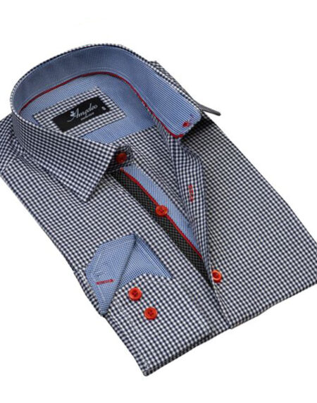 Navy Blue White Checkered Mens Slim Fit Designer Dress Shirt - tailored Cotton Shirts for Work and - Amedeo Exclusive