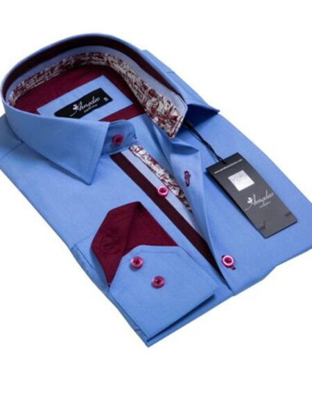 Blue with Burgandy Mens Slim Fit Designer Dress Shirt - tailored Cotton Shirts for Work and Casual - Amedeo Exclusive