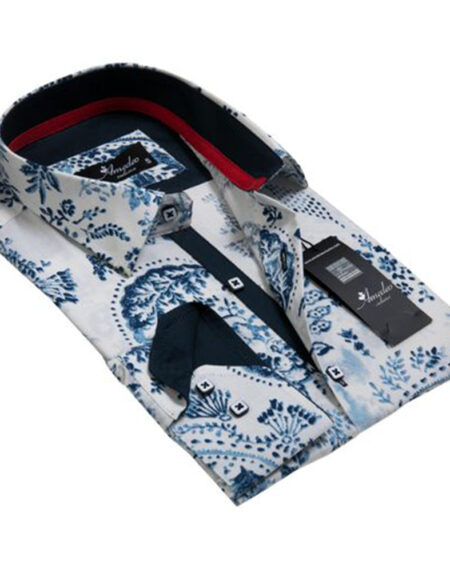 White with Blue Floral Mens Slim Fit Designer Dress Shirt - tailored Cotton Shirts for Work and - Amedeo Exclusive