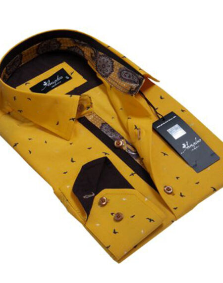 Dark Yellow with Multi Paisley Mens Slim Fit Designer Dress Shirt - tailored Cotton Shirts for Work and Casual Wear - Amedeo Exclusive