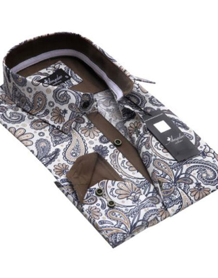 White Brown Floral Mens Slim Fit Designer Dress Shirt - tailored Cotton Shirts for Work and Casual Wear - Amedeo Exclusive