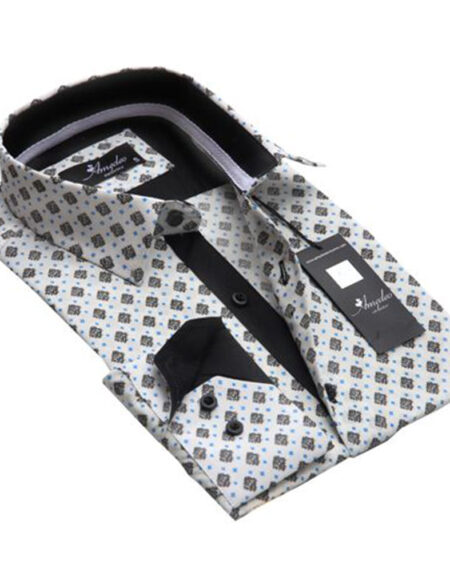 White with Black & Blue Squares Mens Slim Fit Designer Dress Shirt - tailored Cotton Shirts for Work and Casual Wear - Amedeo Exclusive