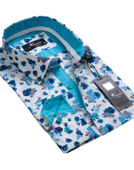 White Blue Floral Mens Slim Fit Designer Dress Shirt - tailored Cotton Shirts for Work and Casual Wear - Amedeo Exclusive