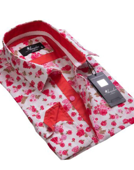 White Red Floral Mens Slim Fit Designer Dress Shirt - tailored Cotton Shirts for Work and Casual Wear - Amedeo Exclusive