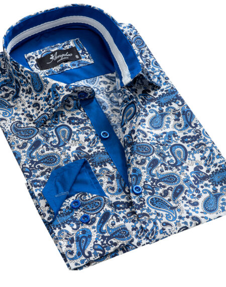 White Blue Paisley Mens Slim Fit Designer Dress Shirt - tailored Cotton Shirts for Work and Casual - Amedeo Exclusive