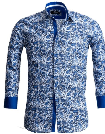 White Blue Paisley Mens Slim Fit Designer Dress Shirt - tailored Cotton Shirts for Work and Casual - Amedeo Exclusive