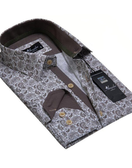 White Brown Paisley Mens Slim Fit Designer Dress Shirt - tailored Cotton Shirts for Work and - Amedeo Exclusive