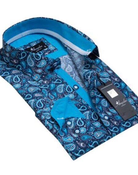 Blue Paisley Mens Slim Fit Designer Dress Shirt - tailored Cotton Shirts for Work and Casual Wear - Amedeo Exclusive
