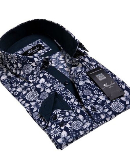 Navy Blue White Floral Mens Slim Fit Designer Dress Shirt - tailored Cotton Shirts for Work and - Amedeo Exclusive