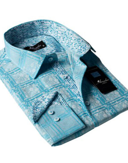 Turquoise Check Blue Floral Mens Slim Fit Designer Dress Shirt - tailored Cotton Shirts for Work and - Amedeo Exclusive