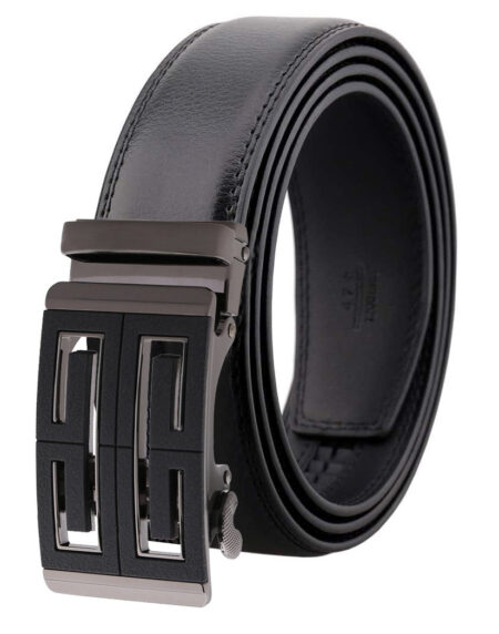 Amedeo Exclusive Men's Black Slide Automatic Buckle Black Leather Belt - Amedeo Exclusive