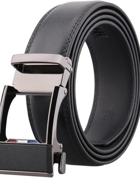 Amedeo Exclusive Men Black Slide Buckle Black Leather Dress Comfort Belt - Amedeo Exclusive