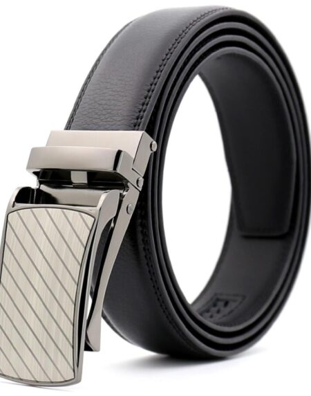 Amedeo Exclusive Men Silver Auto Lock Buckle Black Leather Belt - Amedeo Exclusive