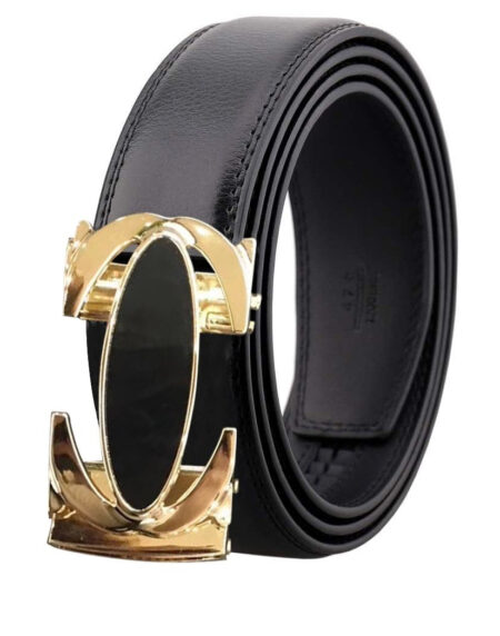 Amedeo Exclusive Men's Black and Gold Buckle Black Leather Belt - Amedeo Exclusive