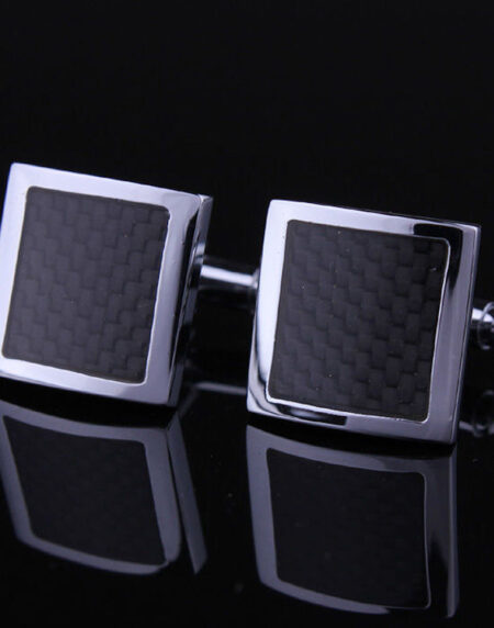 Mens Stainless Steel Silver + Black Carbon Fiber Square Cufflinks for Shirt with Box - Hand - Amedeo Exclusive