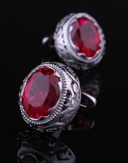 Mens Stainless Steel Silver with Big Round Red Stone Cufflinks for Shirt with Box - Hand Crafted - Amedeo Exclusive