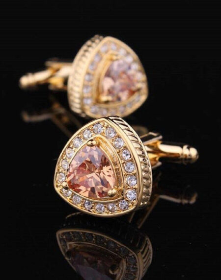 Mens Stainless Steel Gold with Orange Stone Triangle Cufflinks for Shirt with Box - Hand Crafted - Amedeo Exclusive