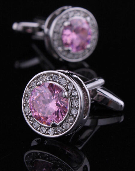 Mens Stainless Steel Pink Rounf Big Stone Rectangular Cufflinks for Shirt with Box - Hand Crafted - Amedeo Exclusive