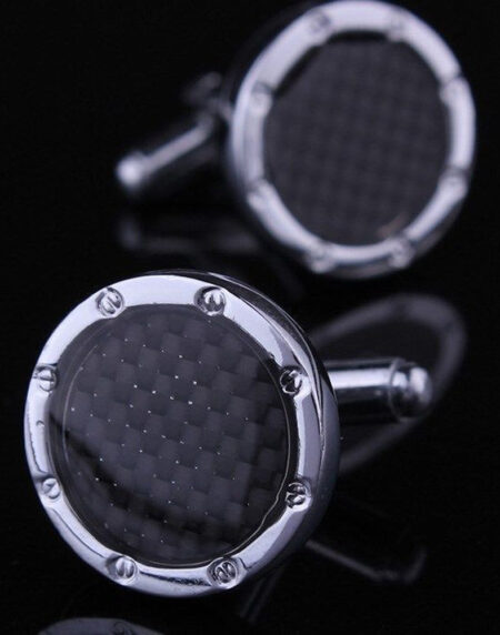 Mens Stainless Steel Silver + Black Carbon Fiber Round Cufflinks for Shirt with Box - Hand Crafted - Amedeo Exclusive