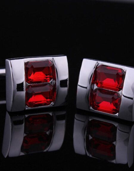 Men's Stainless Steel Silver Squares with Red Color Stone Cufflinks with Box - Amedeo Exclusive