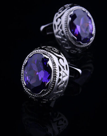 Mens Stainless Steel Silver w/ Big Purple Stone Cufflinks for Shirt with Box - Hand Crafted - Amedeo Exclusive