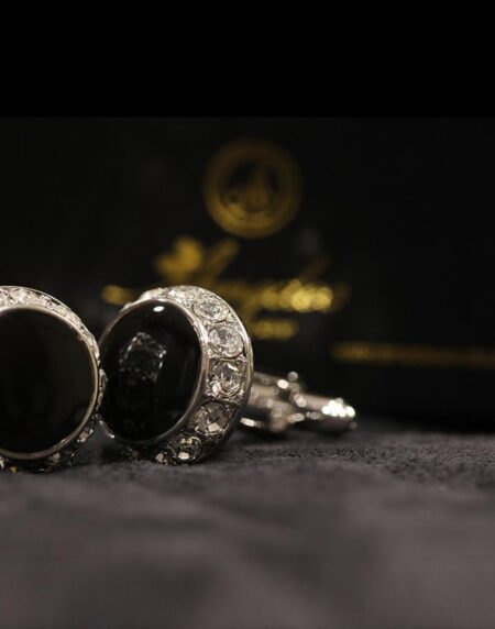 Mens Stainless Steel Black Round with Stones Cufflinks for Shirt with Box - Hand Crafted Perfect - Amedeo Exclusive